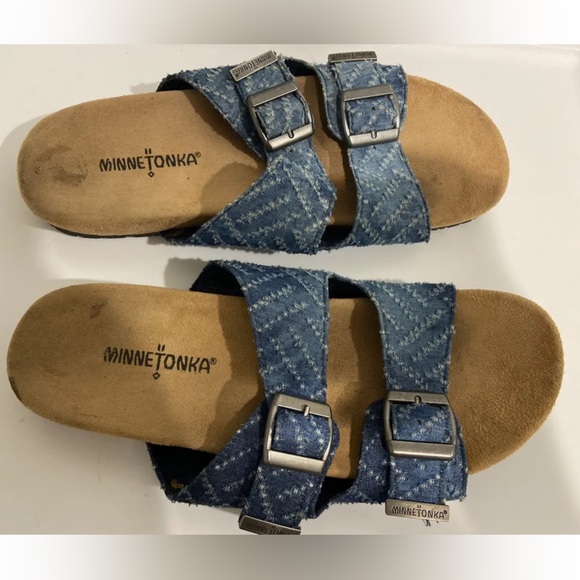 Minnetonka Women’s Size 9 Denim  Blue Slip On Sandals (799896) Comfort Adj - Picture 2 of 6